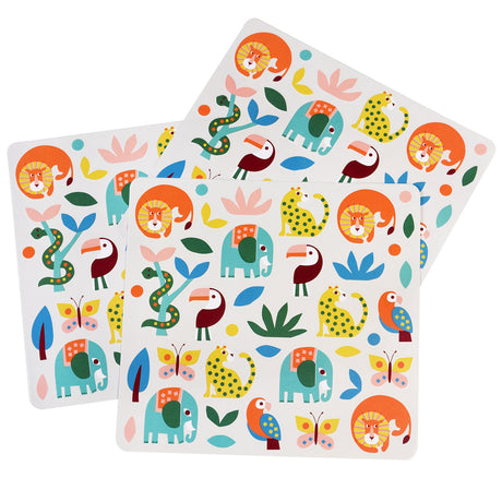 Brightly colored stickers with playful animal illustrations, including lions, elephants, toucans, and butterflies, set against a white background.