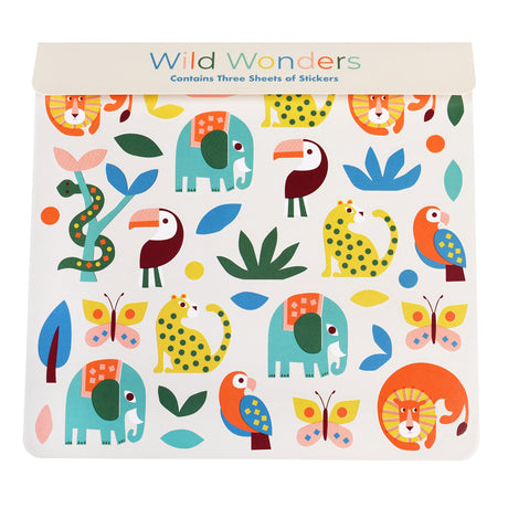 Colorful sticker sheet titled "Wild Wonders" featuring cartoon animals like elephants, toucans, leopards, and a lion surrounded by leaves and butterflies.