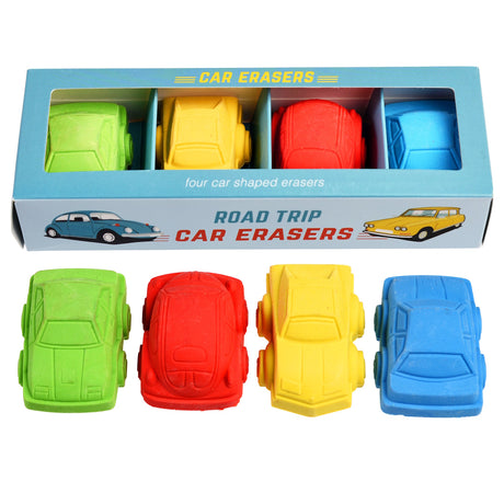 A set of colorful car-shaped erasers in a box labeled "Road Trip Car Erasers." Includes green, red, yellow, and blue erasers arranged in rows.