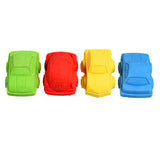 Four colorful eraser cars arranged in a row on a white background. From left to right, they are green, red, yellow, and blue, conveying a playful tone.