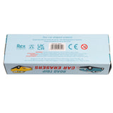 Blue rectangular box for "Road Trip Car Erasers" by Rex London. Features graphics of yellow and blue cars, recycling logo, and a warning label.