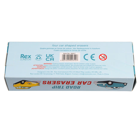 Blue rectangular box for "Road Trip Car Erasers" by Rex London. Features graphics of yellow and blue cars, recycling logo, and a warning label.