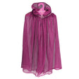A shimmering magenta cape with a hood and glittery accents hangs on a pink hanger. The cape exudes a magical, whimsical feel.