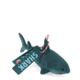 Gray shark-shaped eraser with a red tip on its nose, a white and red string attached, and a tag labeled "SHARK ERASER," isolated on a white background.