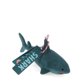 Gray shark-shaped eraser with a red tip on its nose, a white and red string attached, and a tag labeled "SHARK ERASER," isolated on a white background.