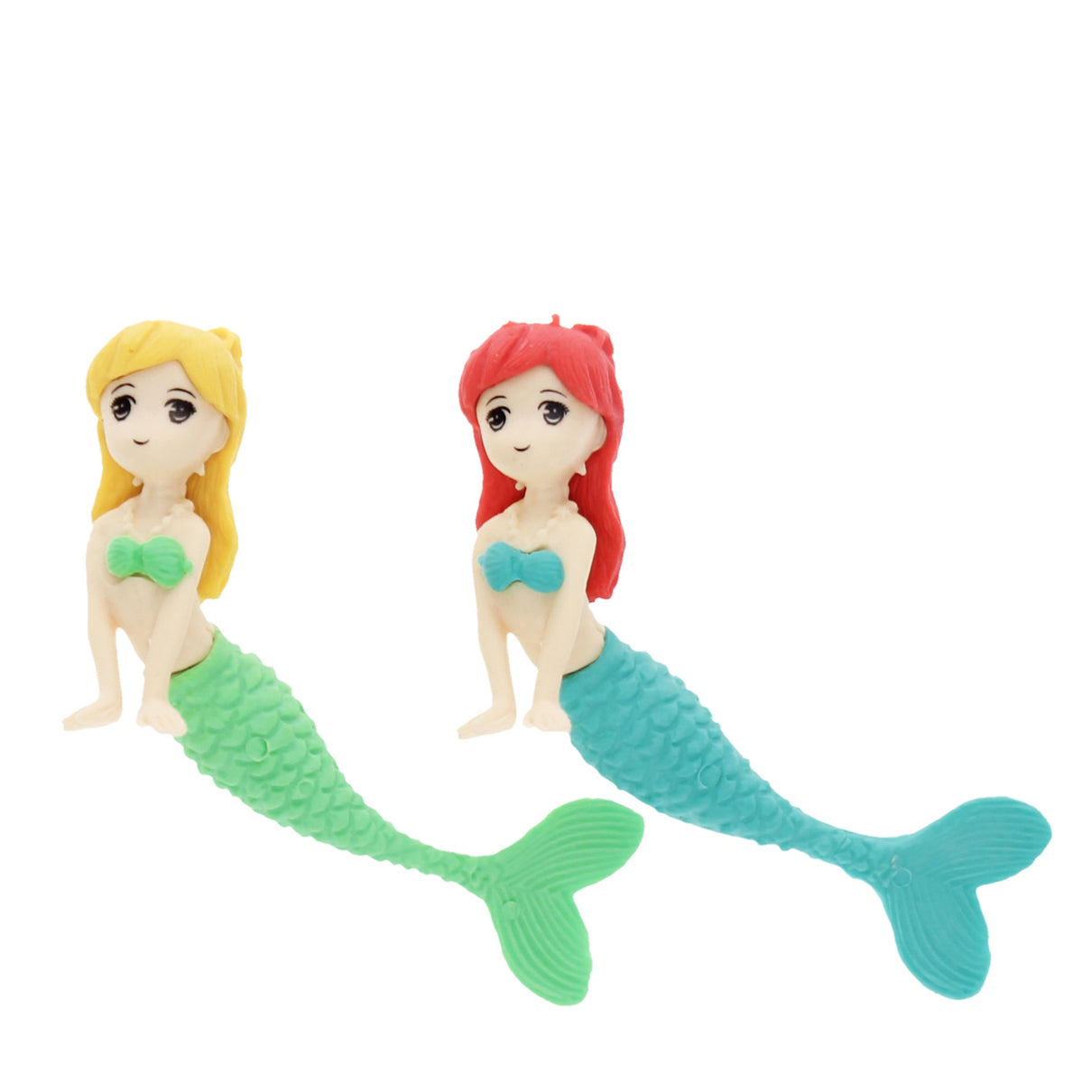 Two colorful mermaid figurines with expressive eyes. One has blonde hair and a green tail, the other with red hair and a blue tail. Playful and whimsical.