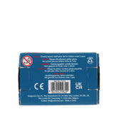 Box back with warning text in multiple languages cautioning against choking hazards for children under three. Recycle symbol and barcode visible.