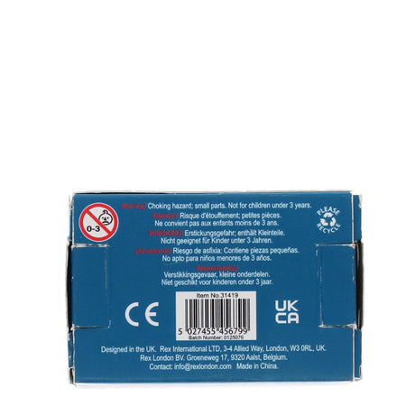 Box back with warning text in multiple languages cautioning against choking hazards for children under three. Recycle symbol and barcode visible.