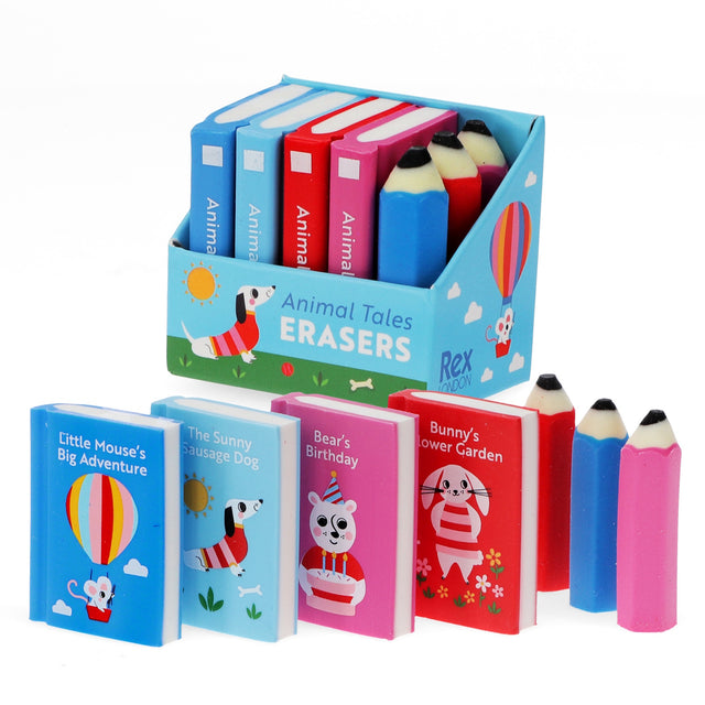 Colorful erasers shaped like books and pencils. Books feature cute animal themes, creating a playful, cheerful tone. Pack labeled "Animal Tales Erasers."