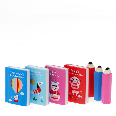 Colorful erasers shaped like small books and pencils against a white background. Titles include "Little Mouse's Big Adventure" and "Bear's Birthday." Playful and artistic.