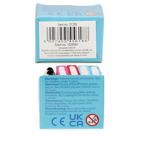 Blue packaging with a barcode and warning labels in multiple languages about choking hazards. Includes various colored small parts visible inside.