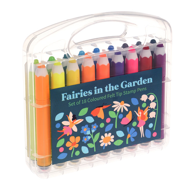 A plastic case contains 18 colorful felt tip pens titled "Fairies in the Garden." The label features vibrant fairy and flower illustrations. Bright and playful tone.