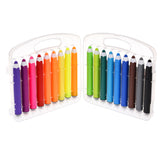 A transparent plastic case open to reveal 18 colorful crayons arranged in a spectrum from purple to black. The vibrant colors evoke a creative and playful mood.