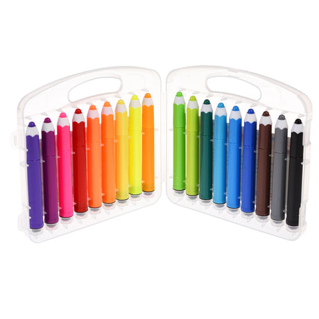 A transparent plastic case open to reveal 18 colorful crayons arranged in a spectrum from purple to black. The vibrant colors evoke a creative and playful mood.