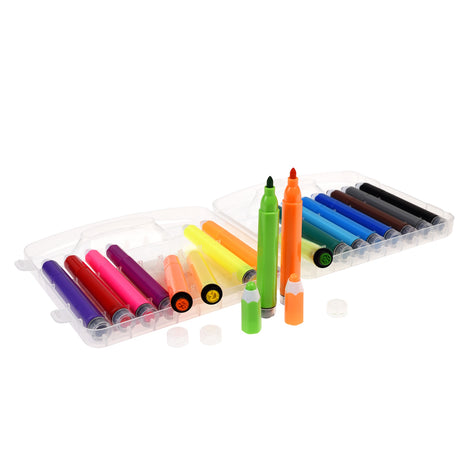 An open plastic case displays an array of colorful pens, including orange, green, and blue, on a white background. The vibrant arrangement conveys creativity.