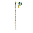 A pencil decorated with colorful dinosaur illustrations is topped with a yellow eraser. Attached to it is a yellow plastic sharpener and dinosaur-themed tag.