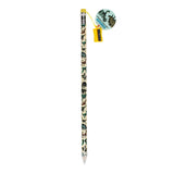 A pencil decorated with colorful dinosaur illustrations is topped with a yellow eraser. Attached to it is a yellow plastic sharpener and dinosaur-themed tag.