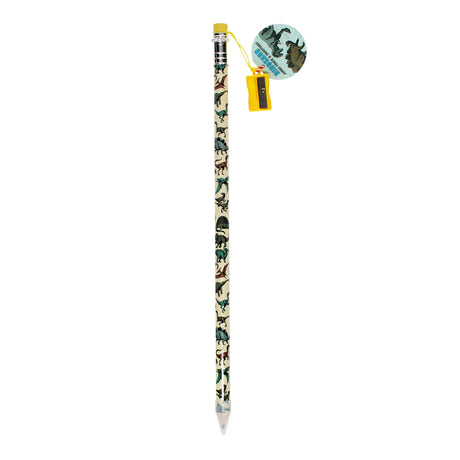 A pencil decorated with colorful dinosaur illustrations is topped with a yellow eraser. Attached to it is a yellow plastic sharpener and dinosaur-themed tag.