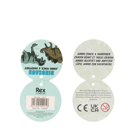 Circular product label with dinosaurs and text. Left side features a dinosaur graphic with "DINOSAUR JUMBO PENCIL & SHARPENER." Right side has product details and warnings.