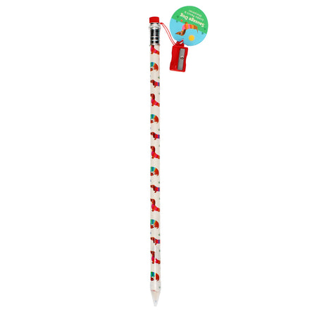 Novelty pencil with a playful dachshund design, featuring a red eraser, silver ferrule, and attached red sharpener. Fun and cheerful aesthetic.
