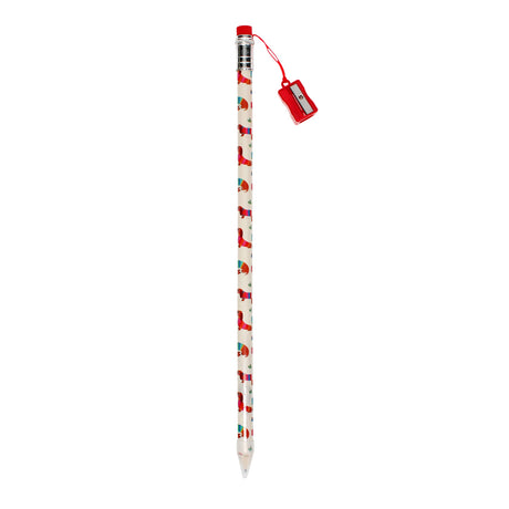 A white pencil with playful red dachshund designs and a silver eraser holder. Attached is a red sharpener, adding a whimsical touch.