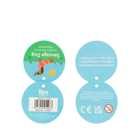 Package tags feature "Sausage Dog Jumbo Pencil & Sharpener" text with a cartoon dog wearing a colorful sweater under a sun on a blue background.