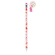 Pink pencil with unicorn design and pink eraser. Attached is a round tag saying "unicorns" with a small pink sharpener, conveying a playful tone.