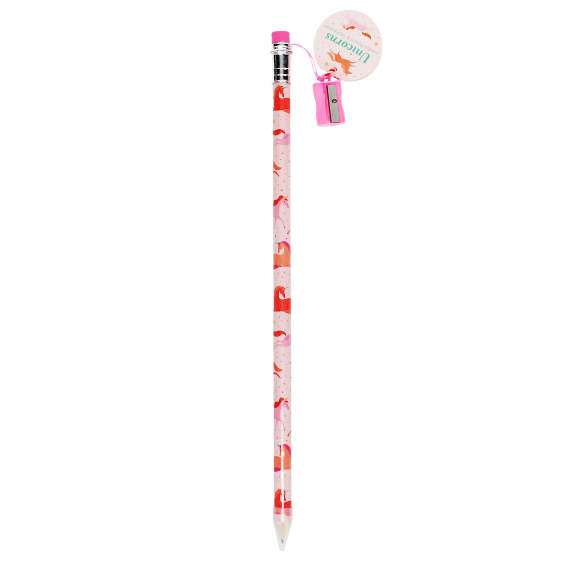 Pink pencil with unicorn design and pink eraser. Attached is a round tag saying "unicorns" with a small pink sharpener, conveying a playful tone.