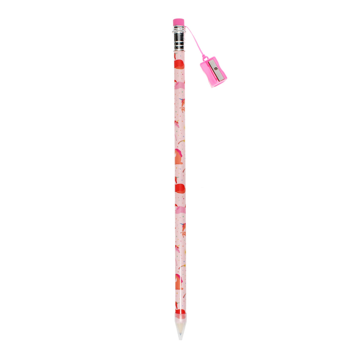 Colorful decorative pencil with red fruit patterns on a light pink background. It has a pink eraser and a miniature pink sharpener attached.