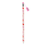 Colorful decorative pencil with red fruit patterns on a light pink background. It has a pink eraser and a miniature pink sharpener attached.