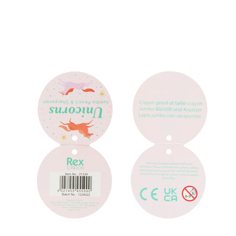 Round product tag for a jumbo pencil and sharpener featuring colorful unicorns on pastel background. Displays brand, barcode, and safety warnings. Playful and whimsical tone.