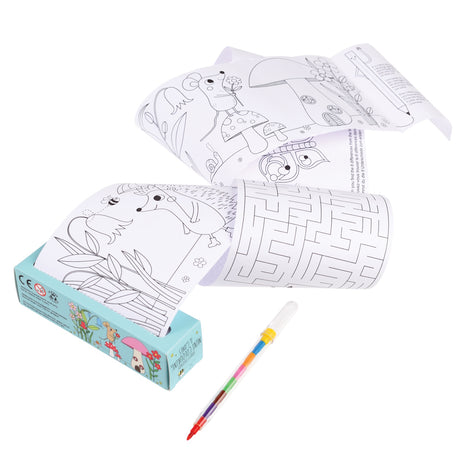 A children's coloring set includes rolled sheets with animal illustrations and mazes, paired with a colorful multi-ink pen, conveying creativity and fun.