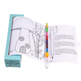 A coloring roll featuring a whimsical mushroom house with flowers, accompanied by a multicolored pencil. The tone is playful and creative.