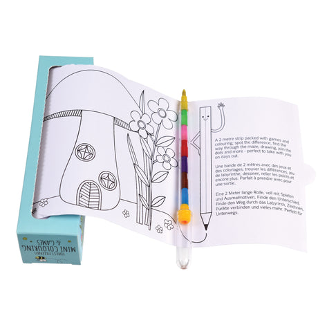 A coloring roll featuring a whimsical mushroom house with flowers, accompanied by a multicolored pencil. The tone is playful and creative.