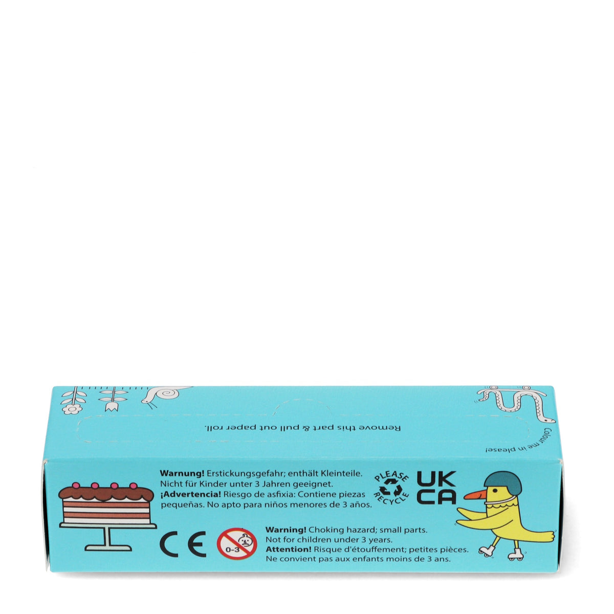 A light blue product box with illustrations of a cake and a duck wearing a helmet. Warning text in multiple languages mentions a choking hazard for children under 3, and recycling symbols are visible.