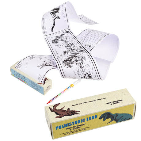 A long paper roll with black-and-white dinosaur illustrations and games, partially unfurled. A colorful pencil lies beside two "Prehistoric Land" boxes.