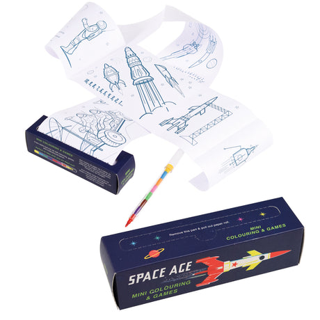 Space-themed mini coloring set with a pull-out sheet showing rockets, astronauts, and planets. Includes a multicolored pen. Playful and creative tone.