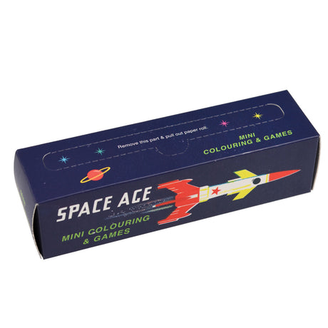 Dark blue box labeled "Space Ace Mini Colouring & Games" featuring a bright red and yellow rocket illustration. The design is playful and cosmic.