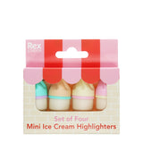 Box of four mini highlighters designed as ice cream cones in pastel colors. Packaging resembles an ice cream parlor with a striped red and pink awning.
