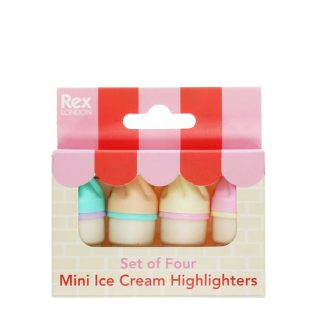 Box of four mini highlighters designed as ice cream cones in pastel colors. Packaging resembles an ice cream parlor with a striped red and pink awning.