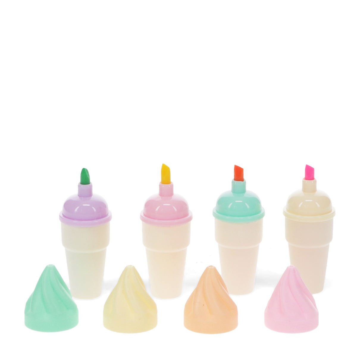 Four pastel-colored highlighters with matching ice-cream-shaped caps, shades of green, yellow, orange, and pink. Whimsical and colorful tone.