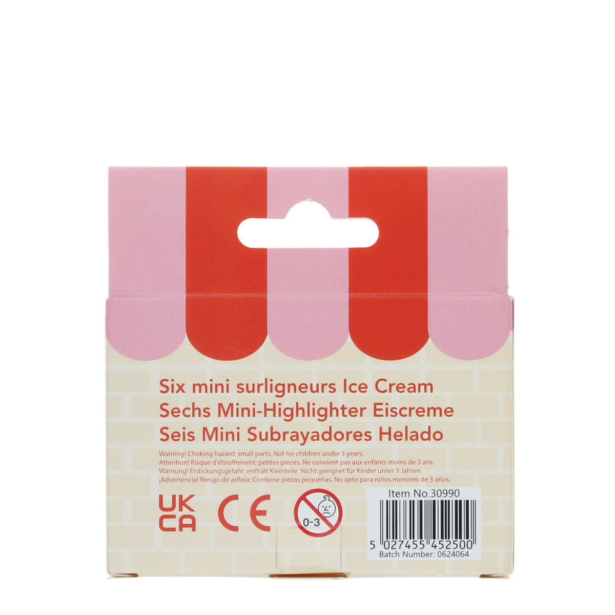 Packaging for six mini ice cream highlighters with a pink and red awning design. Includes product details in multiple languages and safety symbols.