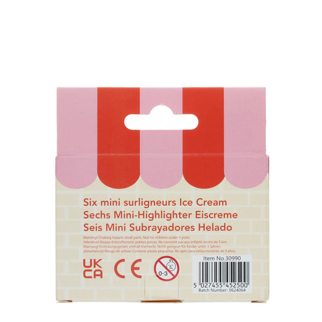 Packaging for six mini ice cream highlighters with a pink and red awning design. Includes product details in multiple languages and safety symbols.