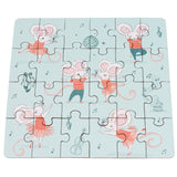 Illustrated puzzle with dancing mice in tutus and striped shirts. Musical notes, a violin, and a gramophone surround them on a light blue background. Playful tone.