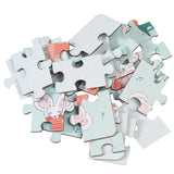 A pile of pastel-colored puzzle pieces features cute, cartoon mice wearing clothes. Musical notes and soft colors convey a playful, whimsical tone.