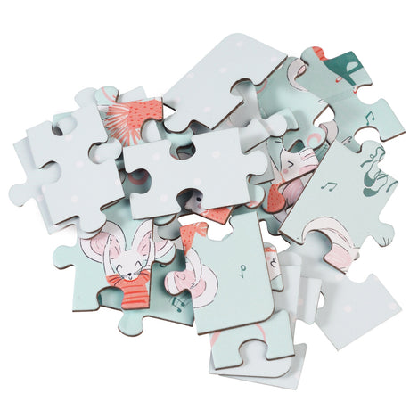 A pile of pastel-colored puzzle pieces features cute, cartoon mice wearing clothes. Musical notes and soft colors convey a playful, whimsical tone.
