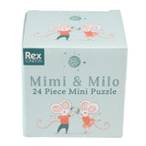 Pastel blue box with dancing mice illustration, labeled "Mimi & Milo, 24 Piece Mini Puzzle" from Rex London. Whimsical, playful design.