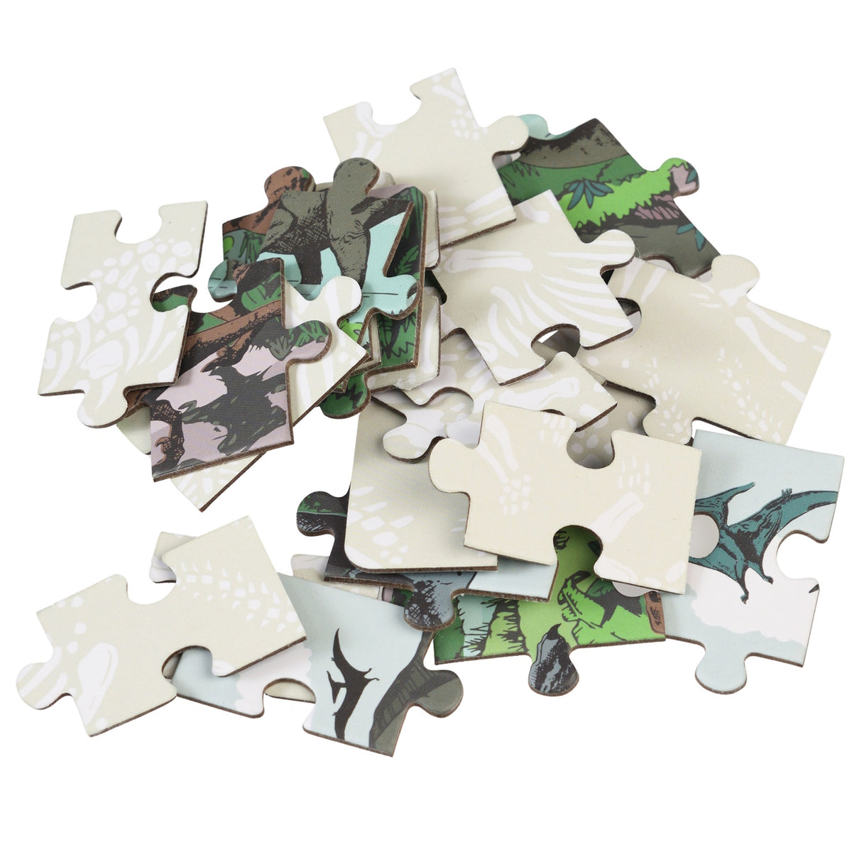 Scattered 24-piece Rex London mini jigsaw puzzle pieces featuring a prehistoric dinosaur land theme on a white background.