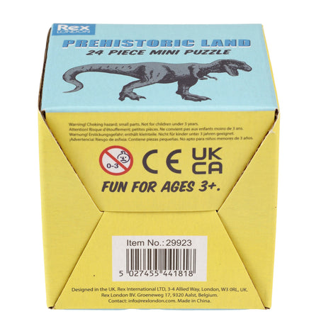 Rex London Prehistoric Land 24 Piece Mini Puzzle yellow box back showing barcode, safety warnings, and age 3+ rating.