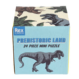 Rex London Prehistoric Land 24 Piece Mini Puzzle box with a grey T-Rex illustration on a blue background.